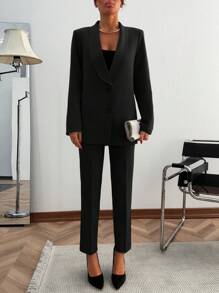 EURMUSE WOMEN ELEGANT SUIT SET WITH BUTTON DETAILED - Black - View 6