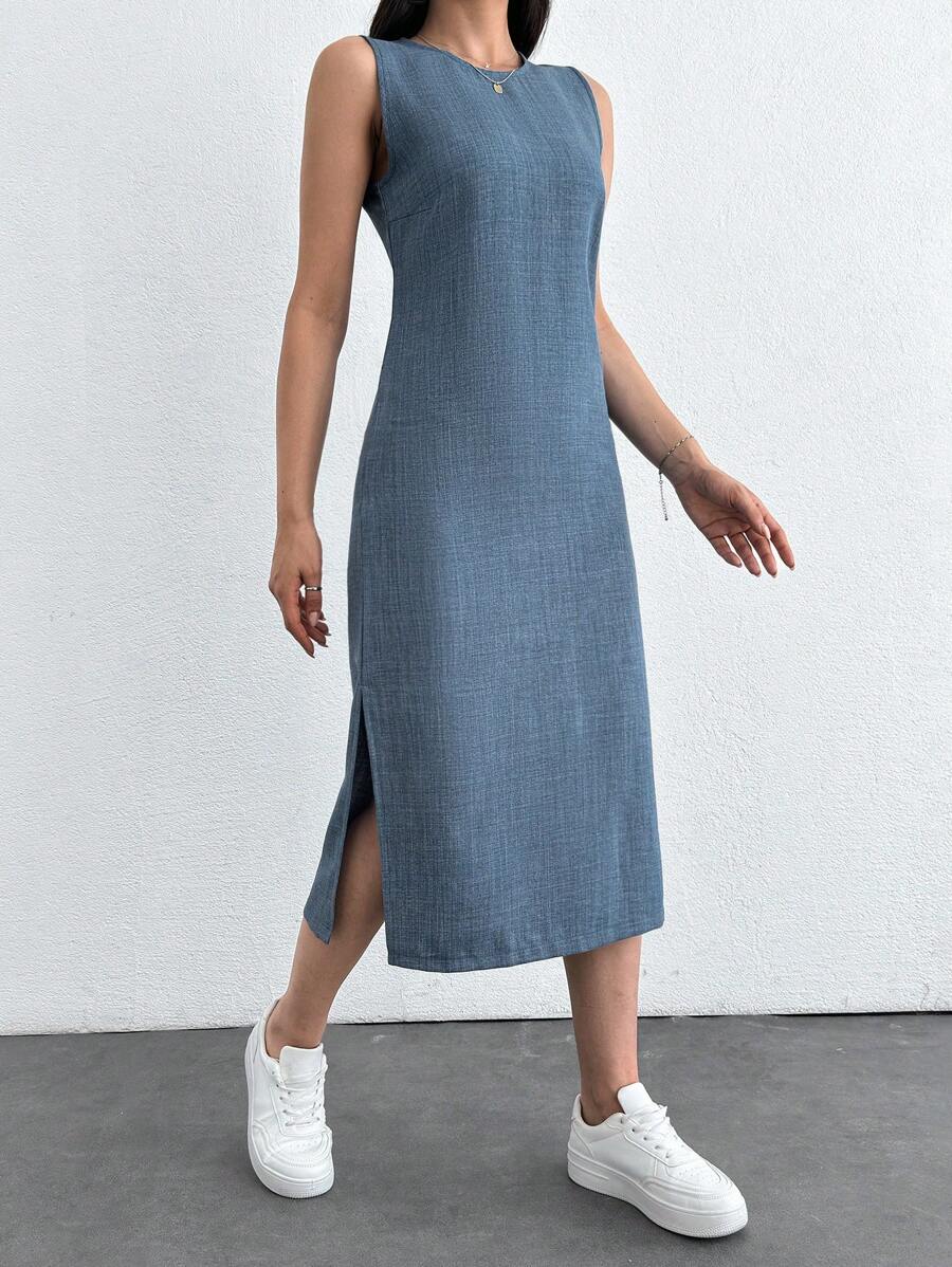 EURMUSE Denim Looking Linen Looking Dress - Blue - View 1