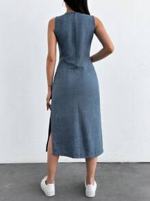 EURMUSE Denim Looking Linen Looking Dress - Blue - View 2