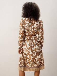 Maija 植物印花长裙，波西米亚风格优雅 A 字形伞形下摆设计，时尚节日波西米亚风格暑假连衣裙夏威夷风格女装 - 橘色 - 查看 3