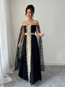 Chiquease 1 Stück Damen Kleid mit Off-Shoulder Blumen Stickerei Spitze Einsatz - Schwarz - Übersicht 7