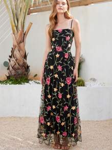 Aveloria Nowa Elegancka Francuska Vintage Elegancka Dama Formalna Romantyczna Ciężka Haftowana Siatka Kwiatowa 3D Dekoracja Bez Rękawów Ściągana Talia Maxi Sukienka A-Line