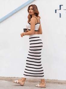 SHEIN Clasi 2pcs/Set Women's Vacation Contrast Color Cropped Camisole Knit Top And Striped Knit Skirt Set - Black and White - View 5