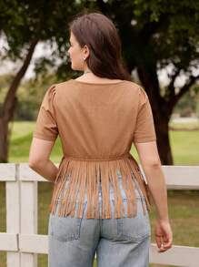LanaWest 加大码女式波西米亚西部风节日嬉皮度假流苏 V 领 T 恤，绒面革面料，舒适有弹性 - 駝色 - 查看 2