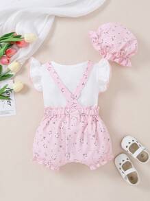 3pcs Baby Girl Set: Knitted Top With Cap Sleeves, Ditsy Floral Printed Pinafore Shorts, Hat - Multicolor - View 3