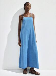 Maija 女士蓝色牛仔吊带裙，休闲商务度假露背优雅连衣裙 - 淺色水洗藍 - 查看 7