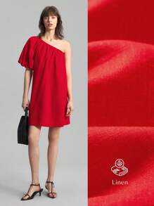 Ontre 2025 Women's Summer Elegant Red Party Dress,Strapless Puff Asymmetric Ruffle Sleeve,Solid Color Straight Casual Short Dress,Bohemian Vacation Style - Pink - View 3