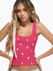 MISSGUIDED 设计师款罗纹背心，带水晶装饰，夏季短款上衣，派对俱乐部节日海滩度假休闲现代无袖 Y2K 时尚 - 玫紅色 - 查看 3