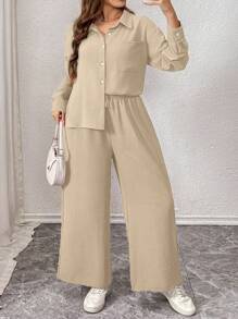 大码纯色衬衫和裤子套装 - 杏色 - 查看 4