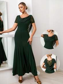 Mulvari Oversized Ruffle Lace Chiffon Patchwork Draped Neck Dress For Women, Suitable For Dancing