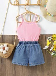 SHEIN Young Girl Fashionable Floral Patterned Slip Romper - Pink - View 2