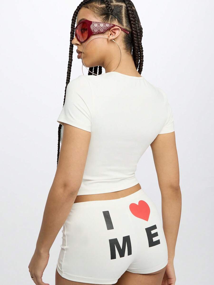 SUMWON WOMEN I Love Me Modern Two Piece Cropped Outfit High Rise Booty Shorts Matching Set Festival Streetwear Self Love Statement Short Sleeve Summer Co-Ord - White - View 1