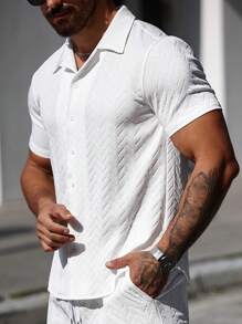 Manfinity Homme 男士夏季休闲纯色纹理短袖衬衫，白色