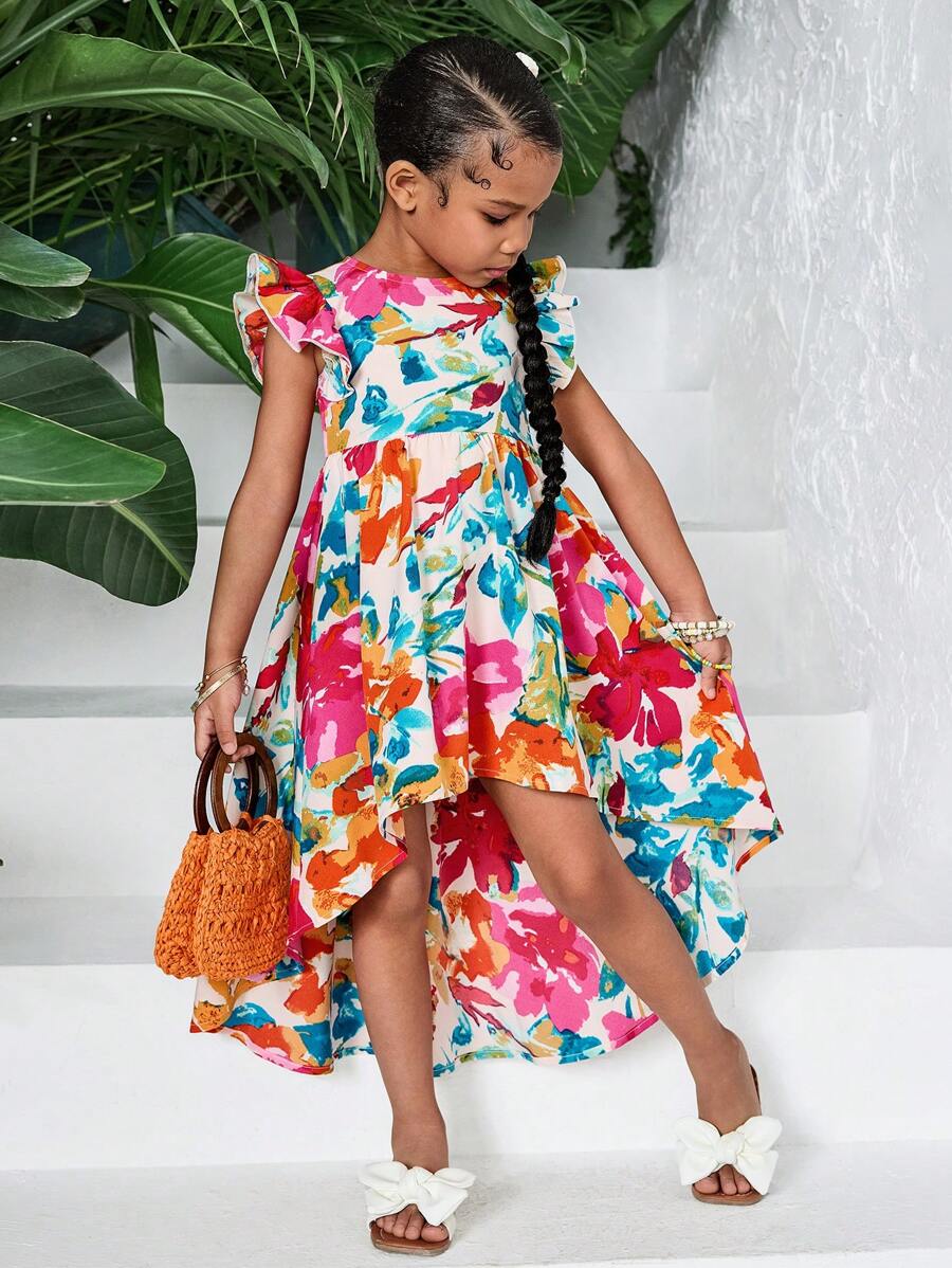 SHEIN Leap Crew 小女孩时尚幼儿女孩日常休闲碎花圆领梭织连衣裙 - 白色 - 查看 1