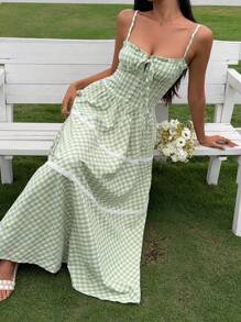SHEIN EZwear Women's Countryside Style Lace-Up Front Strap Super Long Dress, Summer - Green - View 5