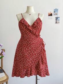 Soleia Plus Size Boho Allover Heart Print Tie Side Wrap Cami Dress,Beach Dress Sundress,Holiday Outfits