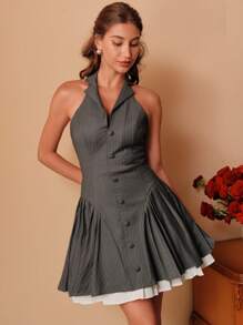 SHEIN Unity Women Mini Elegant Pleated Dress - Light Grey - View 3