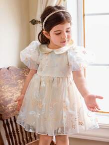 Baby Girl Elegant Cute Apricot Mesh Embroidered Peter Pan Collar Summer Dress Outfit
