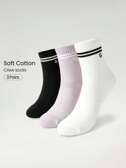 GLOWMODE 3 pares de calcetines de algodón vintage a rayas, suaves, con malla ventilada y logotipo jacquard para gimnasio, entrenamiento y uso diario