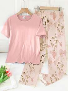 GraphicGems Girls Solid Color Round Neck Short Sleeve Pullover Set With Floral Print Long Pants, Loose Knit Fabric Comfortable Casual Homewear Set