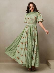 Anewsta 女式优雅休闲印花撞色蕾丝泡泡袖摆裙 - 綠色 - 查看 6