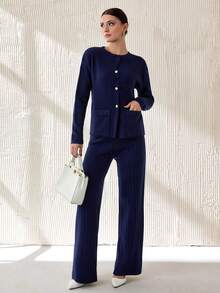 RueChic 2pcs Women Ribbed Knitted Cardigan And Pants Set,Co Ord,Winter Clothes - Black - View 1