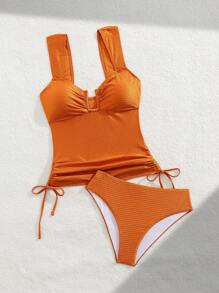 Swim Lushoire Damen lässiges Tankini-Top im U-Ausschnitt mit Nackenband, mit Tunnelzug in der Taille, kombiniert mit Swimm-Hose aus strukturiertem Grundstoff, Sommer Badeanzug 2-teilig für Strandurlaub