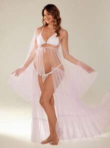 SHEIN 薄纱系带超长泡泡袖孕妇摄影连衣裙，适合孕妇拍摄