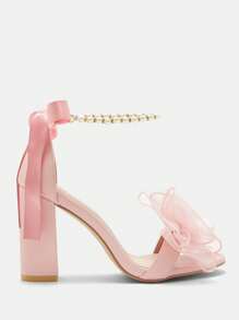 女士新款凉鞋，粉色高跟凉鞋，加大码洛丽塔风格可爱蝴蝶结串珠珍珠链丝带系带粗跟圆头凉鞋 - 粉色 - 查看 6