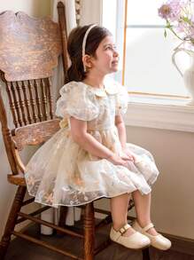 Baby Girl Elegant Cute Apricot Mesh Embroidered Peter Pan Collar Summer Dress Outfit