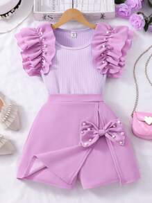 2pcs/Set Tween GirlsRibbed Pearl Trim Sleeveless Top & Solid Bow Skirt Shorts Casual Summer Outfit