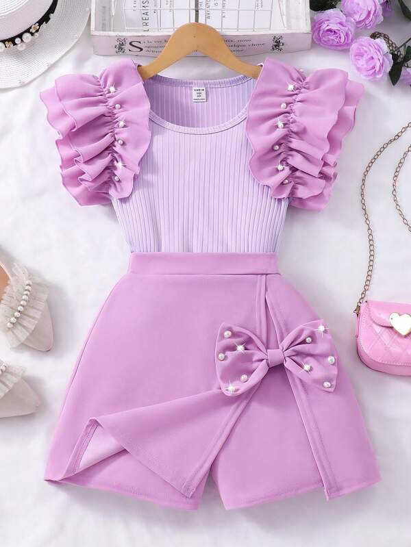 2pcs/Set Tween GirlsRibbed Pearl Trim Sleeveless Top & Solid Bow Skirt Shorts Casual Summer Outfit
