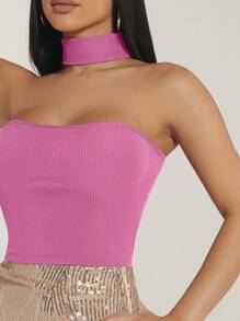 Hauture 2 Ways Ribbed Knit Crop Top, Fashionable For Summer - Red Violet - View 3
