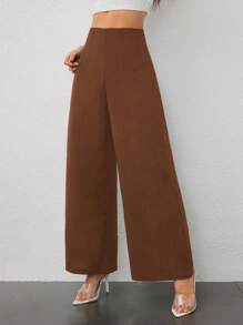 SHEIN EZwear 大码女式极简休闲复古贵族通勤高腰纹理阔腿裤，棕色，秋季 - 棕色 - 查看 9