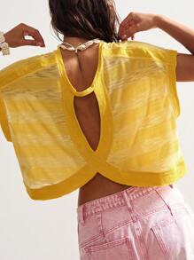 Bohemela BOHO Casual Beach Holiday Solid Color Knit Striped Loose T-Shirt For Women