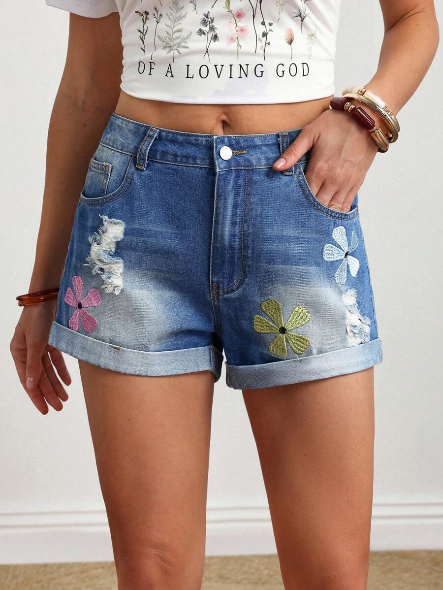 Breezaya Women Floral Embroidered Pocket Cuffed Casual Denim Shorts - Blue - View 1