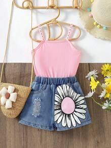 SHEIN Young Girl Fashionable Floral Patterned Slip Romper - Pink - View 1