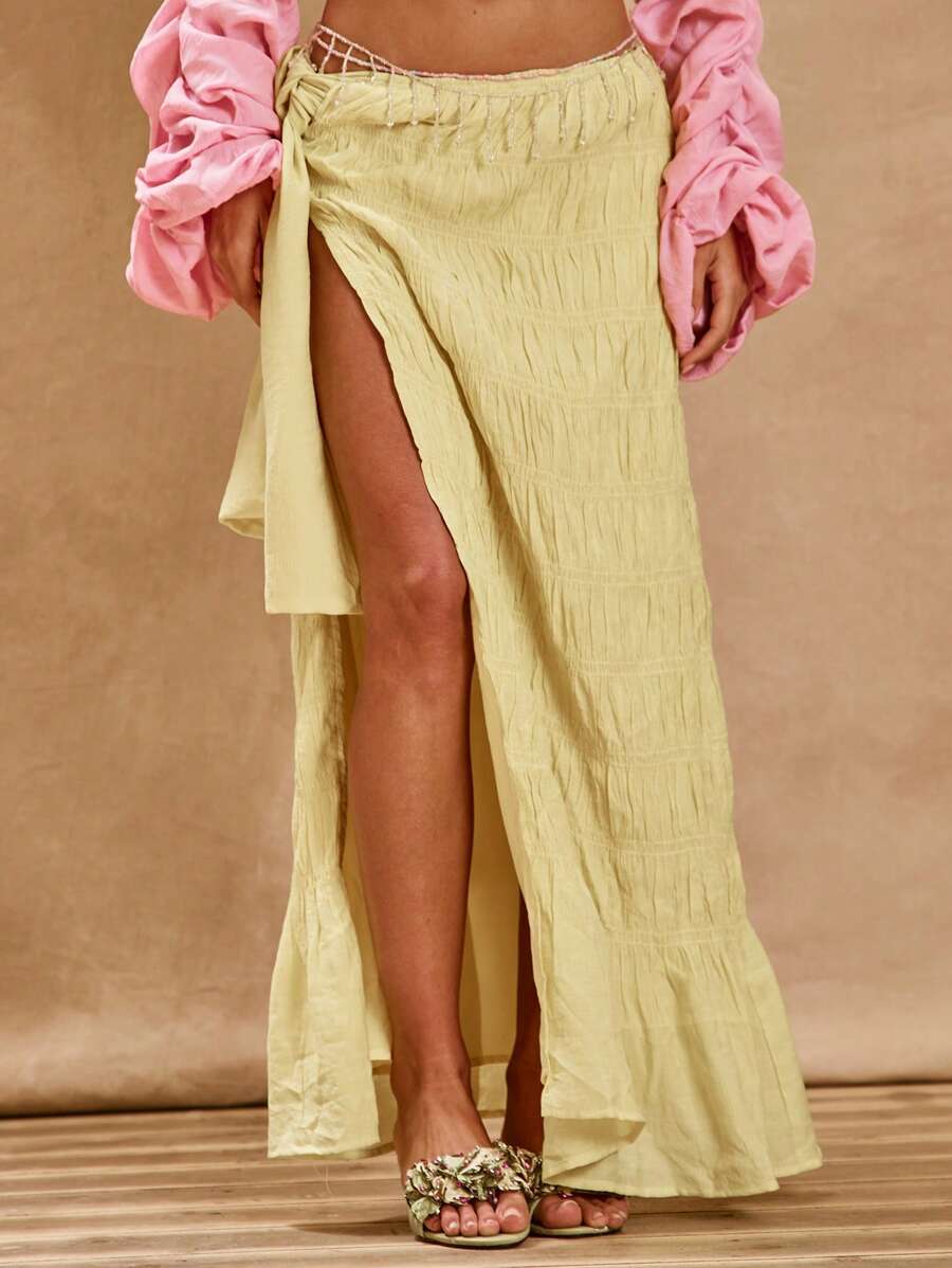 MUSERA 褶皱亚麻质感垂坠侧开衩长裙，夏日度假波西米亚风伊比沙岛优雅海滩俱乐部卡鲁伊时尚假日 - 黃色 - 查看 1