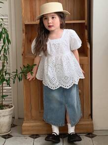 DAZY Set de 2 piezas de parte superior de manga corta con cuello y pantalones vaqueros para niñas, para verano - Blanco - Ver 4