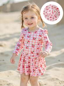 女婴樱桃格子图案圆领长袖泳衣和帽子套装 - 彩色 - 查看 2