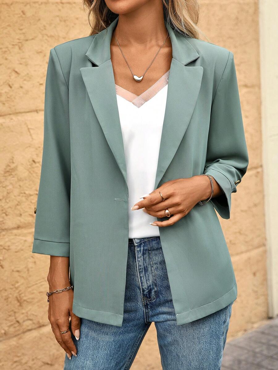 Breezaya Women's Casual Loose Turndown Collar Half Sleeve Rolled Cuff Thin Jacket