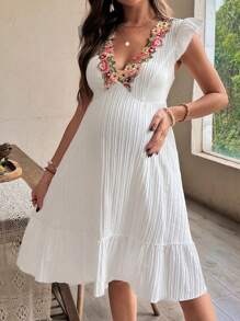 SHEIN Pregnant Women V-Neck Ruffle Sleeve Patterned Maternity Dress - White - View 1