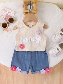 Bébé fille 2024 Nouveau Top sans manches rose pur fleur + short en jean fleur, été