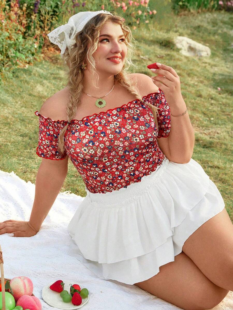 SHEIN VCAY Plus Size Ditsy Floral Off Shoulder Short Sleeve T-Shirt, Vacation Style - Burgundy - View 1