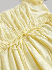 SHEIN MOD Jacquard Gathered Waist Tee With Cap Sleeves, Yellow - Yellow - View 3