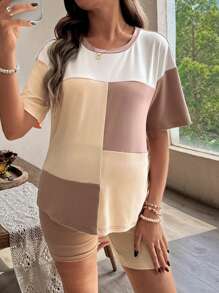 SHEIN 2pcs Maternity Casual Patchwork Round Neck Short Sleeve Top And Adjustable Elastic Waist Shorts Set, Summer - Khaki - View 1