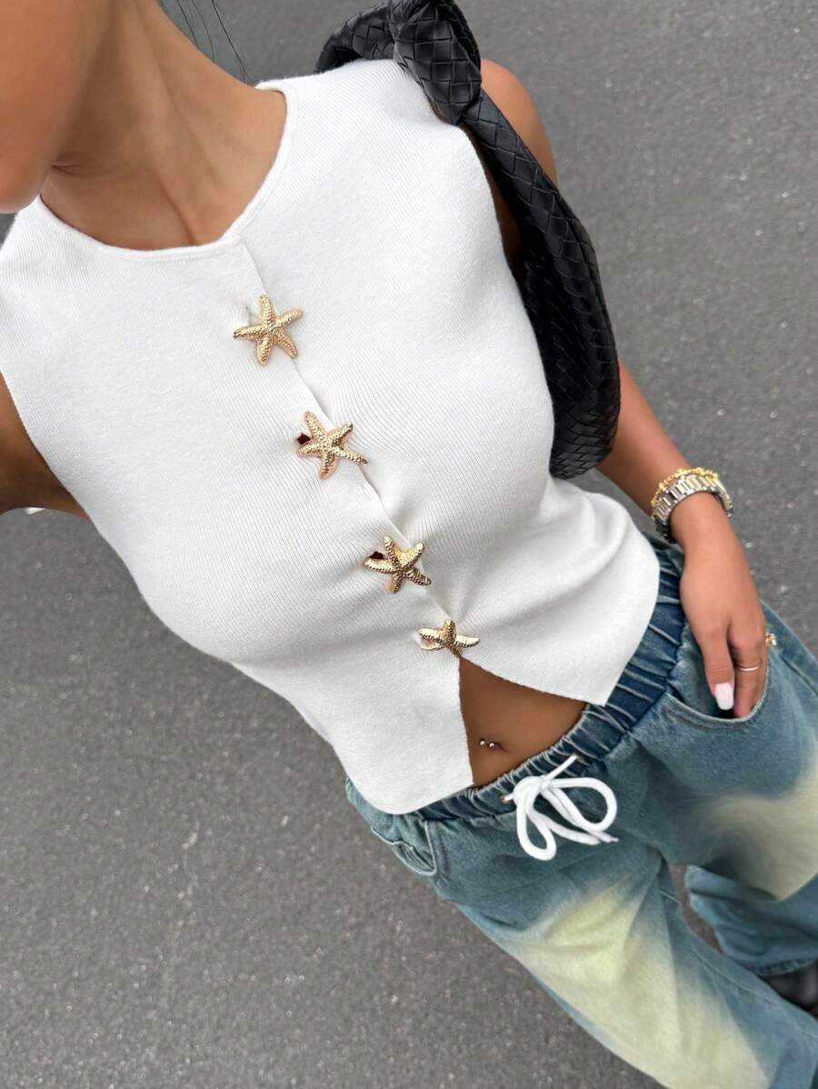 Muchica Áo Cardigan hở trước không tay có trang trí kim loại, mùa hè - trắng - Xem 1