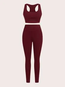 SHEIN Essnce 大码女式休闲夏季服装，女士健身休闲套装，女士慢跑裤，女士街头服饰，拉链高领长袖上衣、吊带背心和紧身裤套装，女士健身套装 3 件套，2 件套夏季服装 - 酒紅色 - 查看 11