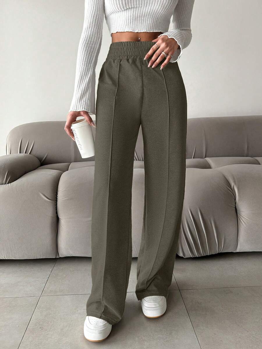 EURMUSE Women'S Elastic Waist Solid Color Casual Pants - Green - View 1