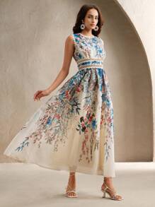 Anewsta 女士印花圆领无袖拼布蕾丝边连衣裙 - 彩色 - 查看 4